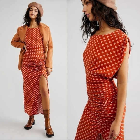 Free People Dresses & Skirts - Free People Lakeside Heart Printed Midi Maxi Dress Small Ginger Rust Brown Fall
